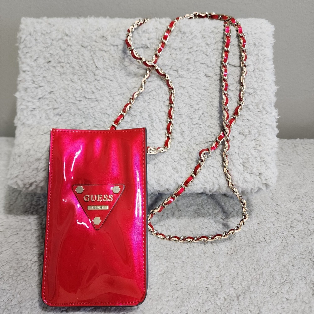 Guess Red Patent Leather Purse Vintage Chain‎ Ribbon Strap 90's Y2K
